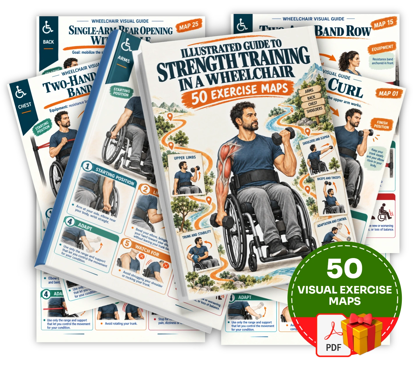 50 visual exercise guides to explore upper-body strength training in a wheelchair.
